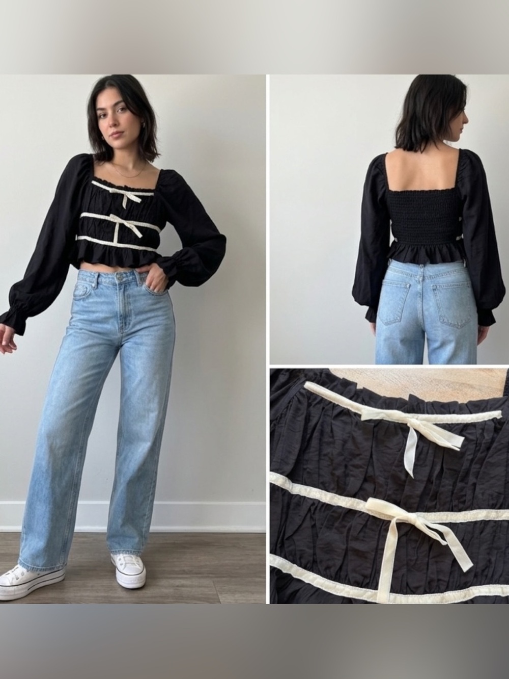 Thirty Thirty L.A. Black Coquette Bow Ruched Long Sleeve Crop Top XS